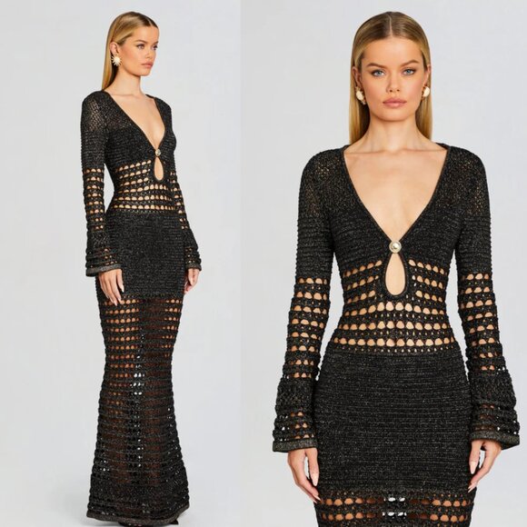 NWT Retrofête Elvana Knit Crochet Maxi Dress In Black Sz Small Open Back V-Neck - Picture 2 of 11